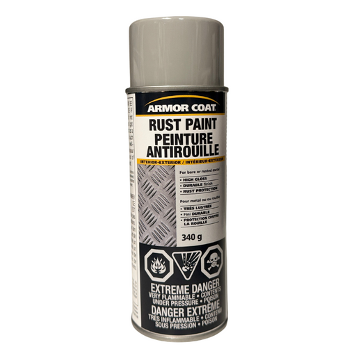 A can of Armor Coat Rust Paint in Misty Grey Gloss, 340g aerosol spray for rust prevention on metal surfaces.