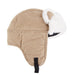 A beige corduroy winter trapper hat with a white faux-fur ear warmer and a black chin strap, shown on a plain white background.