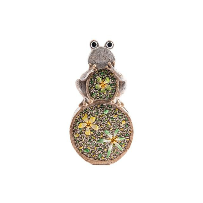 Frog-shaped earring with floral designs on a white background
