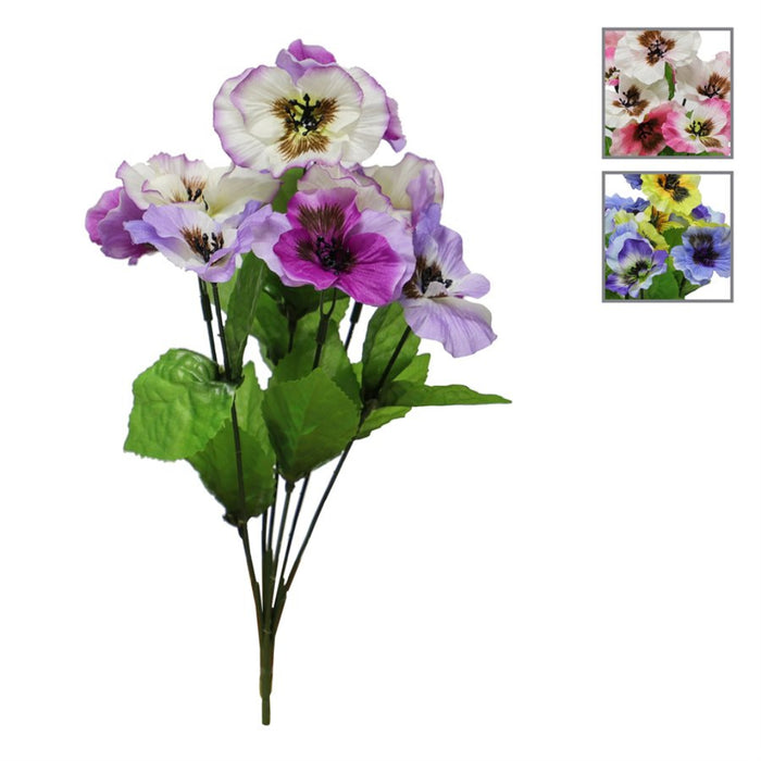 A bouquet of artificial flowers with purple, white, and pink blossoms and green leaves on a stem, shown on a white background with two small inset color variant thumbnails in the top right.