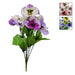 A bouquet of artificial flowers with purple, white, and pink blossoms and green leaves on a stem, shown on a white background with two small inset color variant thumbnails in the top right.