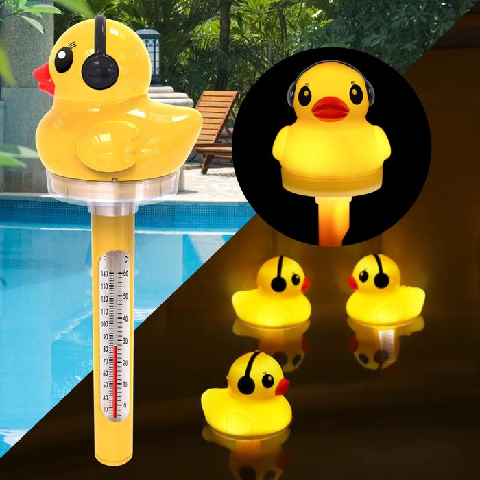 A solar floating pool thermometer designed to look like a yellow duck, with temperature markings on its body, floating on water.
