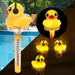 A solar floating pool thermometer designed to look like a yellow duck, with temperature markings on its body, floating on water.