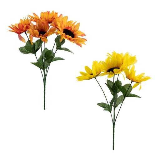 Two artificial sunflower bouquets with green stems and leaves, one orange and yellow and one yellow, on a plain white background.