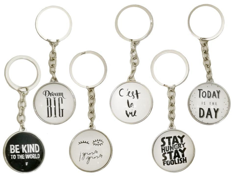 BLK/WHITE ROUND GLASS KEYCHAIN