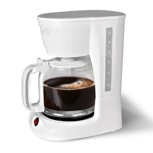 White coffee maker with a clear glass carafe containing brewed coffee on a white background