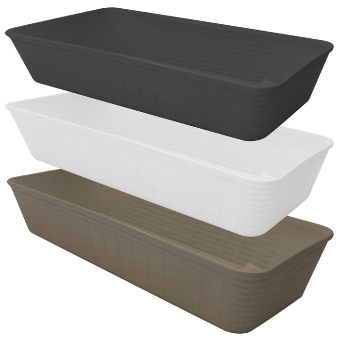 Three stackable rectangular narrow storage baskets in black, white, and tan – assorted colors.