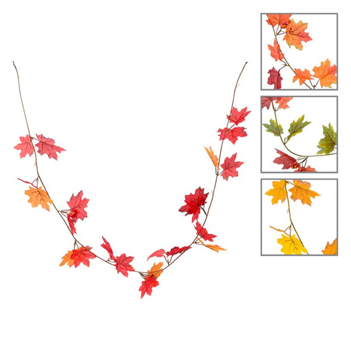 Autumn maple leaf garland with red, orange, and yellow leaves on thin brown stems, shown on a white background with three inset detail panels on the right.