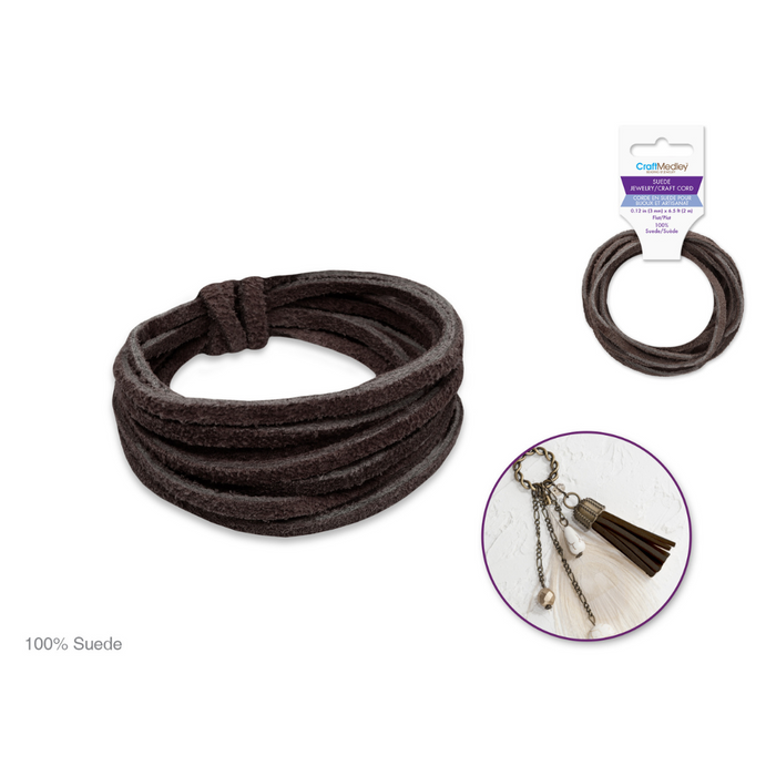 Dark brown 3mm flat suede cord coiled in a loop, shown with retail packaging and an example of a keychain project featuring suede tassels.
