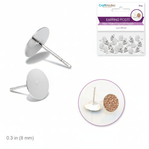 Silver-tone metal earring posts shown on a white background, with the retail packaging card in the top right and a circular inset showing the post and backing detail.