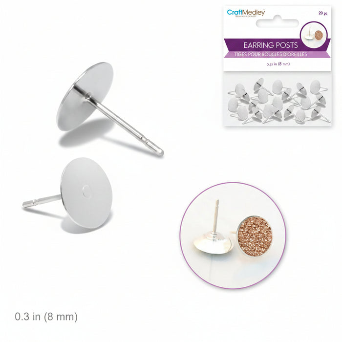 Silver-tone metal earring posts shown on a white background, with the retail packaging card in the top right and a circular inset showing the post and backing detail.