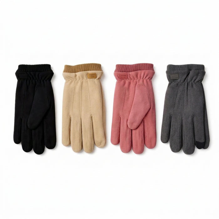 Four pairs of knit and suede touchscreen gloves in black, tan, dusty pink, and dark gray, arranged side-by-side on a white background.