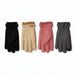 Four pairs of knit and suede touchscreen gloves in black, tan, dusty pink, and dark gray, arranged side-by-side on a white background.