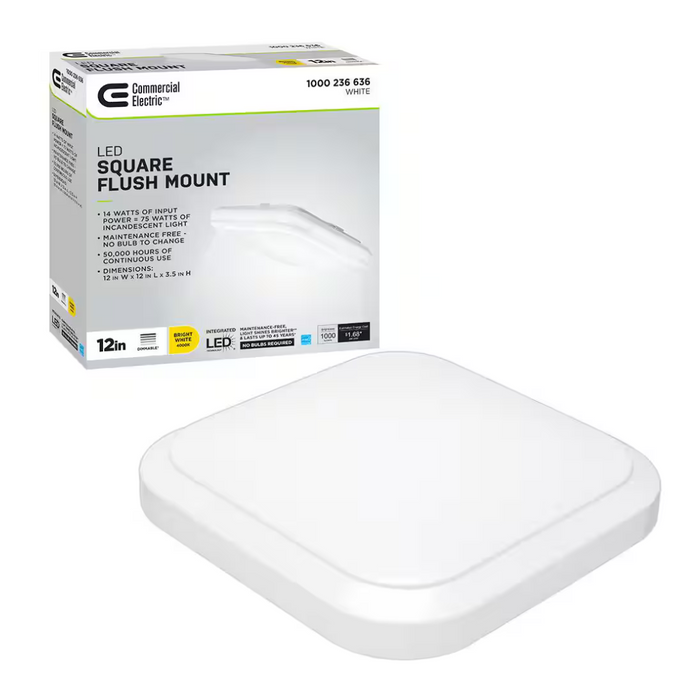 LED square flush mount light fixture with packaging on a white background