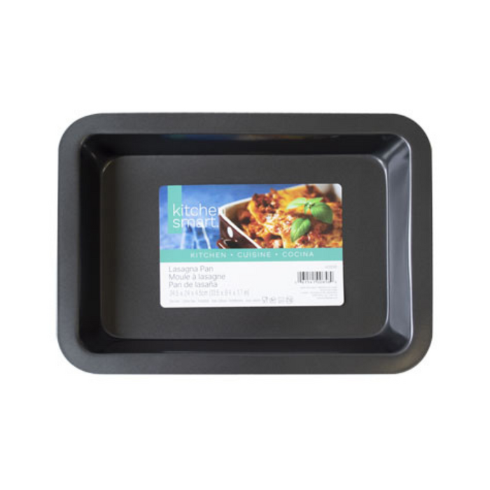 Black baking pan with a label on a white background