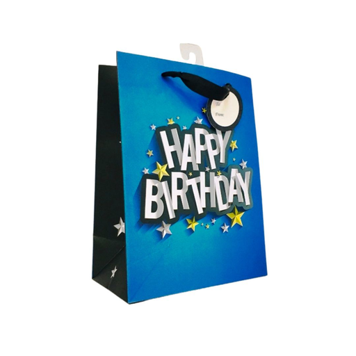Gift bag with 'Happy Birthday' text on a blue background