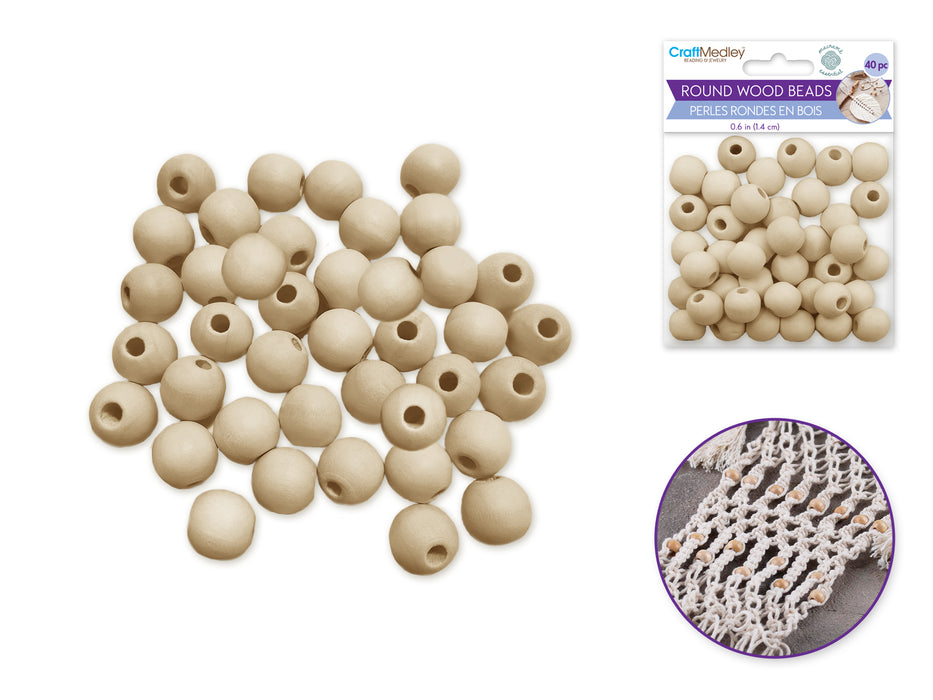 CRAFTWOOD ROUND BEADS NATURAL WOOD 0.6IN 40PC