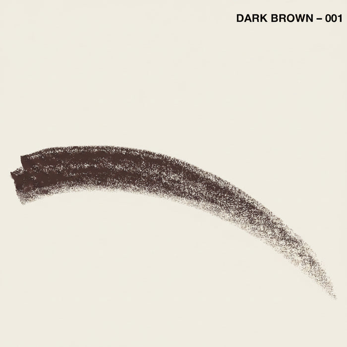 A dark brown eyebrow or eyeliner swatch brush stroke on a plain white background, with the text 'DARK BROWN - 001' in the top right corner.