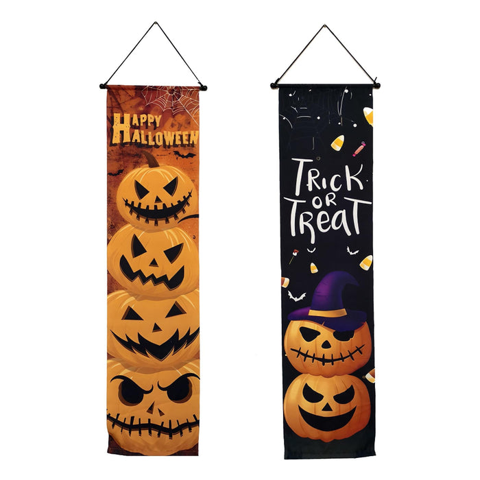 Two vertical Halloween wall banners shown side by side on a plain white background. The left banner is orange-brown with stacked jack-o'-lantern faces and the text 'Happy Halloween' at the top.