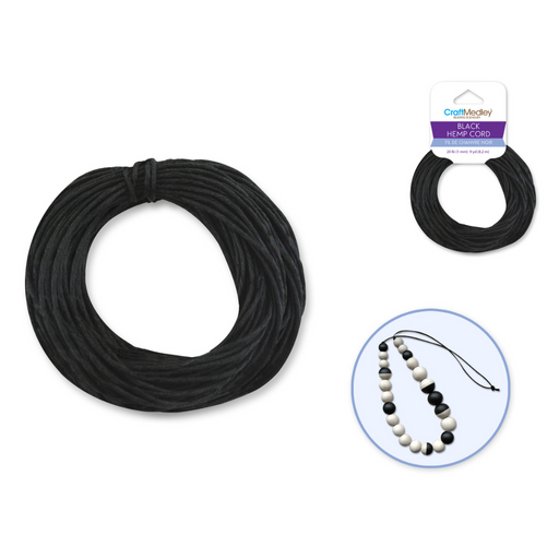 Black 1mm natural hemp cord coiled in a hank, shown with packaging and an inset photo of a beaded necklace made using the cord.