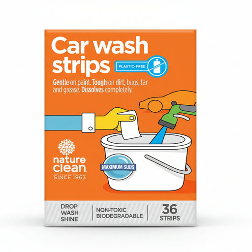 Box of Car Wash Strips by Nature Clean with an illustration of a hand holding a strip and a car being washed.