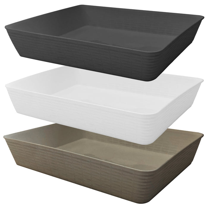 Three large rectangular storage baskets in black, white, and taupe – assorted colors.