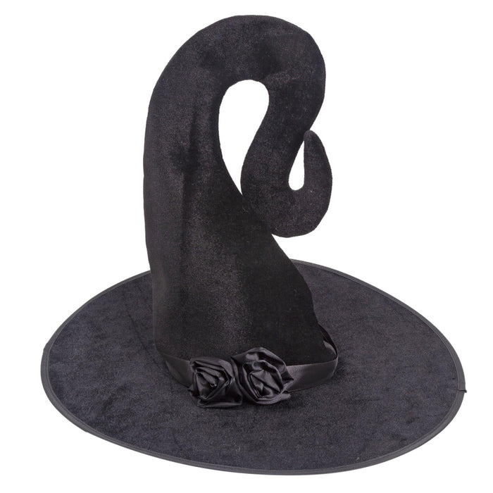 A black witch hat costume accessory with a wide brim, a tall curved crown, and two black fabric roses on a black ribbon band, shown against a plain white background.
