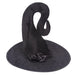 A black witch hat costume accessory with a wide brim, a tall curved crown, and two black fabric roses on a black ribbon band, shown against a plain white background.