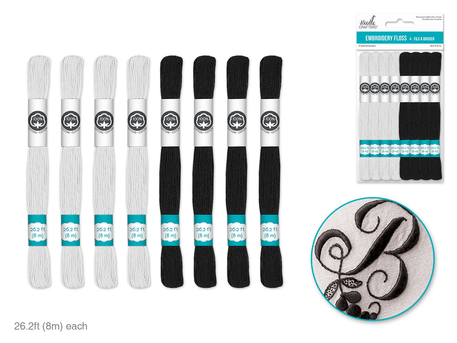 NEEDLECRAFTERS 8MM EMBROIDERY FLOSS BLACK AND WHITE 8PK