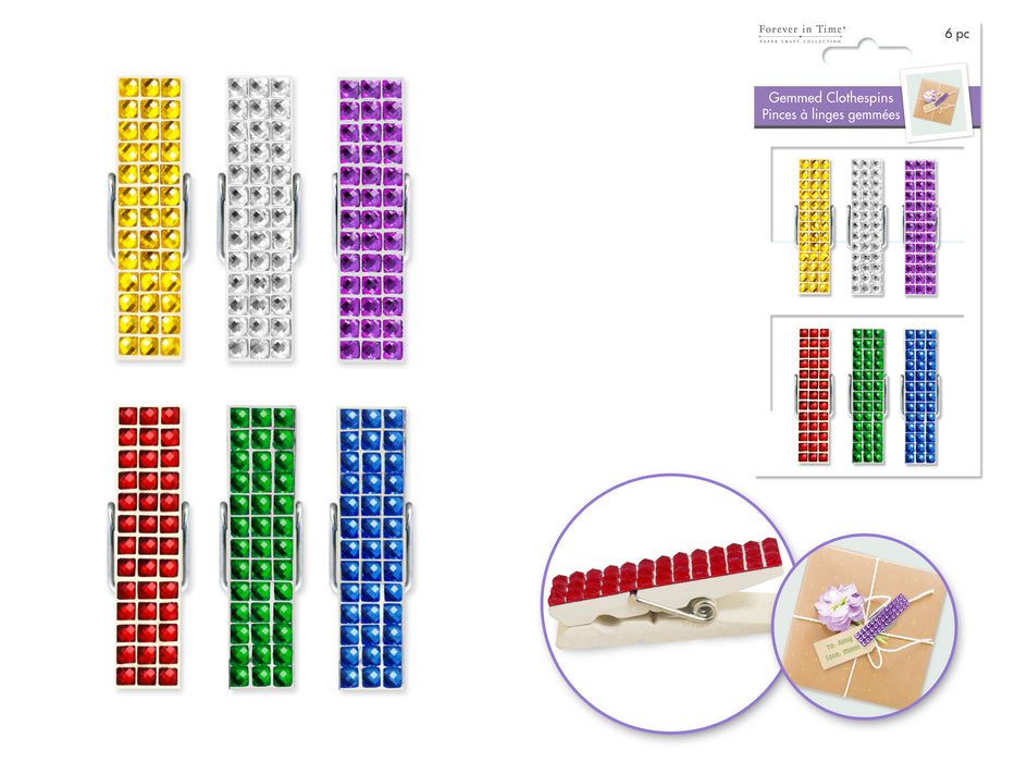 PAPER CRAFT 1.8" WOOD DECO GEMMED CLOTHESPINS 6PK