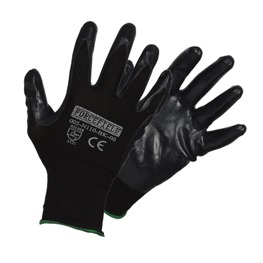 Pair of black gloves with text and symbols on a white background