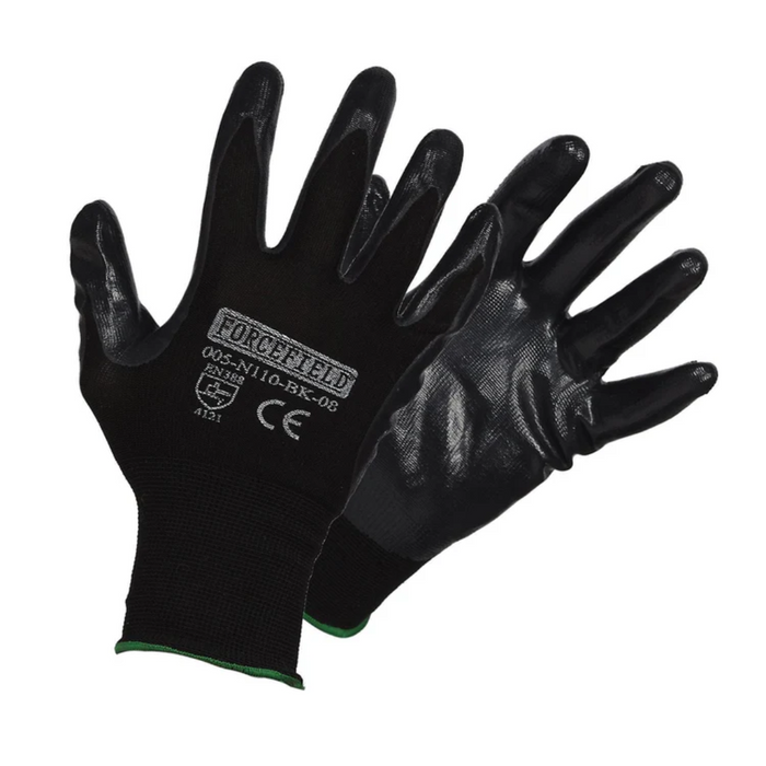 Pair of black gloves with text and symbols on a white background