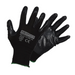 Pair of black gloves with text and symbols on a white background