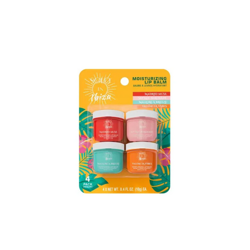 Packaging of three small bottles with colorful labels on a white background