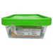 Plastic pail of HB brand 10 x 5" flat head deck screws with green lid and product label showing screw specifications and included Robertson bits.