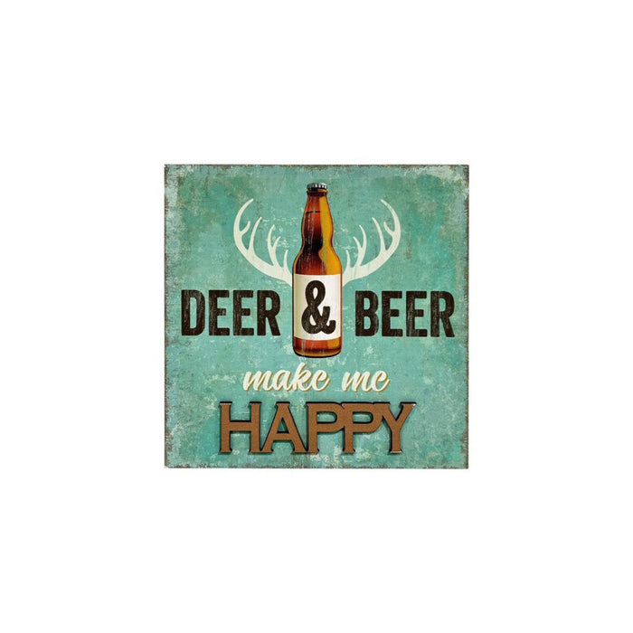 Vintage-style sign with a beer bottle and text 'Deer & Beer make me happy' on a teal background.