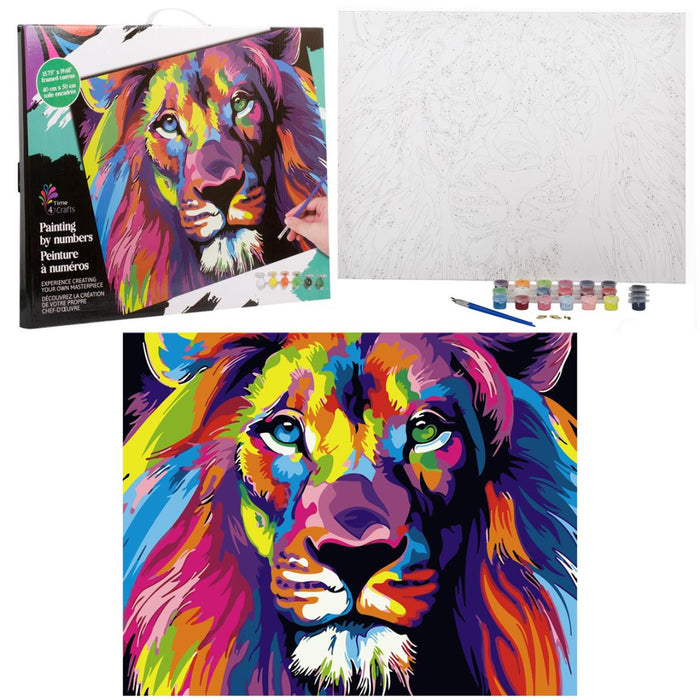 Colorful lion painting set with packaging, canvas, and paint supplies on a white background