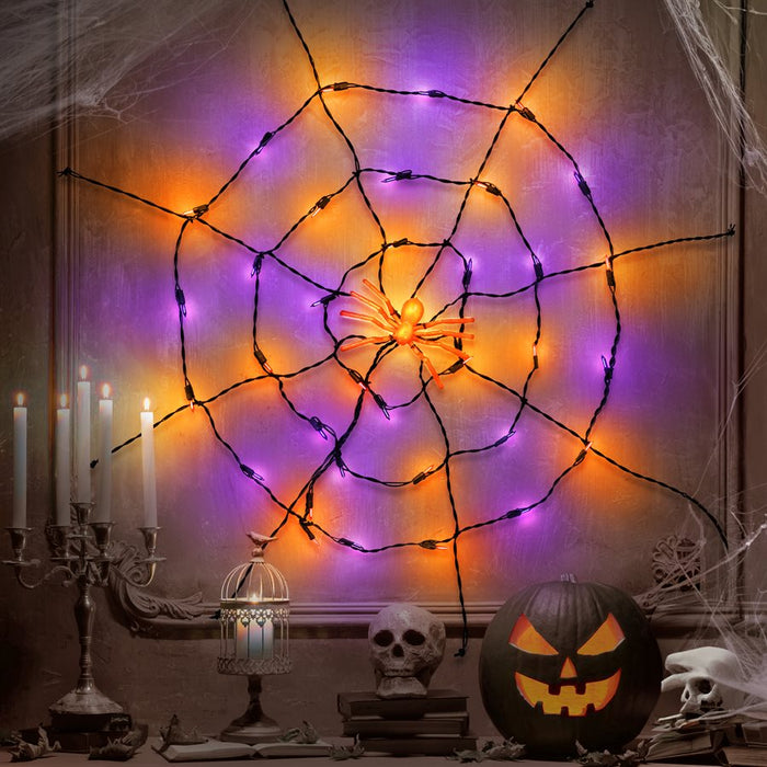SPIDER WEB WITH 35 INCANDESCENT ORANGE/PURPLE LIGHTS AND 36IN JUMBO SPIDER