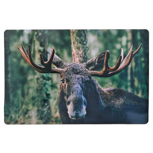 Plastic placemat with a lifelike moose in a forest design, 17.32 × 11.22 × 0.059 inches.