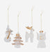 Four clear glass Christmas ornaments with gold accents, including a snowman, Christmas tree, reindeer, and angel, hanging against a light gray background.