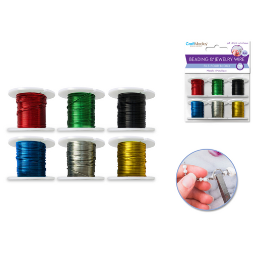 Six spools of 28-gauge metallic beading wire in classic metallics—red, green, black, blue, silver, and gold. Includes packaging and an inset image showing a beading project being wire-wrapped with pliers.