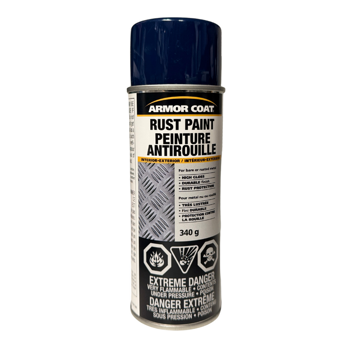 A can of Armor Coat Rust Paint in Oxford Blue Gloss, 340g aerosol spray, high-gloss rust protection.
