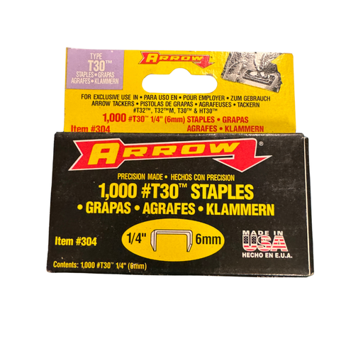 Box of Arrow T30 staples with yellow and black packaging on a white background