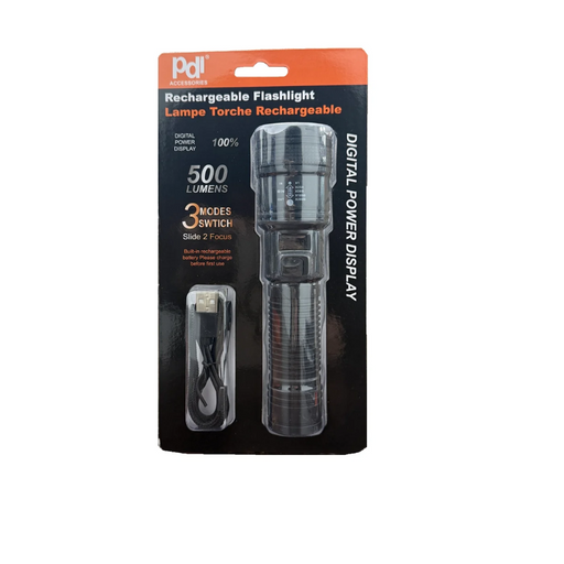Rechargeable flashlight in packaging with brand label on a white background