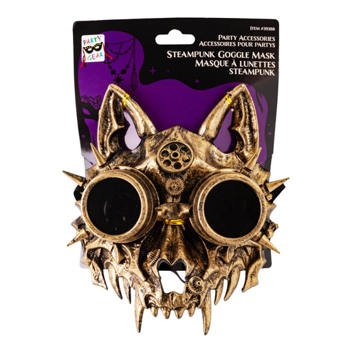 A steampunk-style bat mask with large round goggles and metallic gold/bronze details, shown on its retail backing card against a white background.