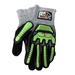 Pair of gray and green gloves with a brand logo on a white background
