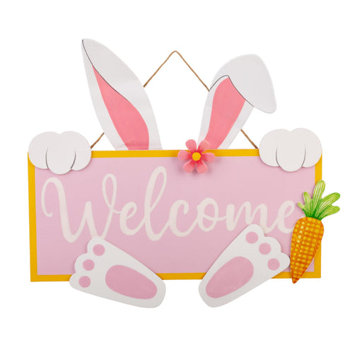 Decorative sign with bunny ears, 'Welcome' text, and Easter elements on a white background