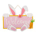 Decorative sign with bunny ears, 'Welcome' text, and Easter elements on a white background