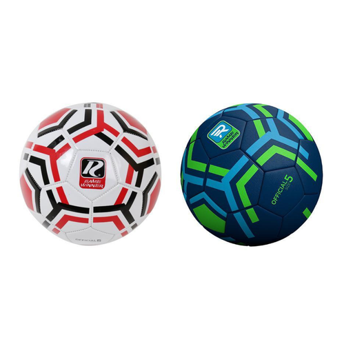 Two soccer balls, one red, white, and black, the other blue and green, on a white background.