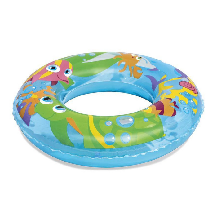 Inflatable swim tube with an underwater creature theme, including fish, turtles, and octopuses on a blue background, by Bestway.